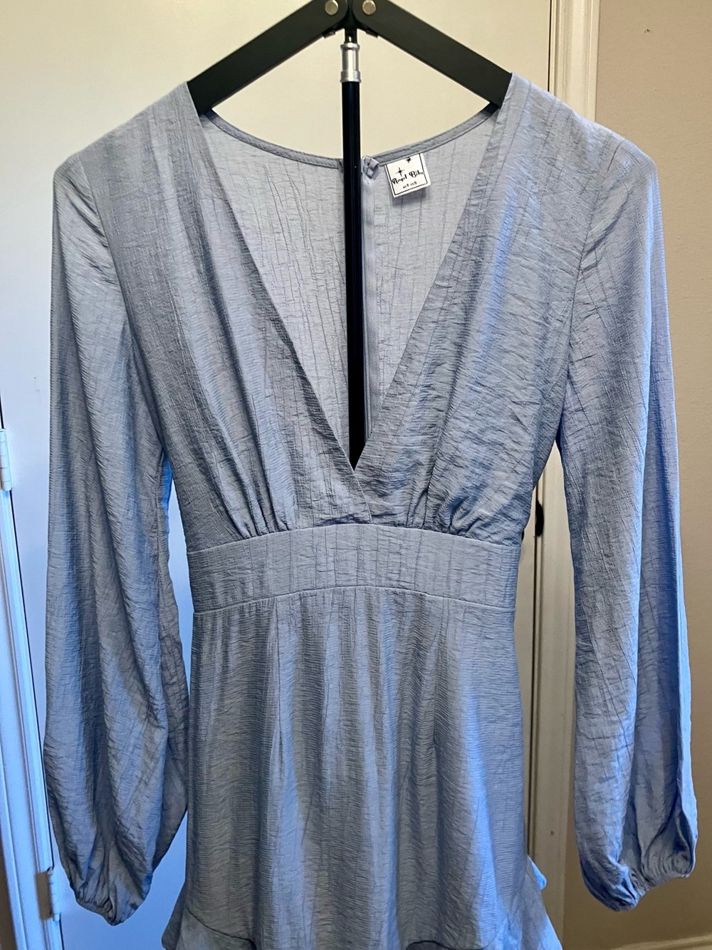 Angel Biba Dusty Blue Ruffle Mini Dress Waist Tie Sashes - Size Small - Picture 6 of 7